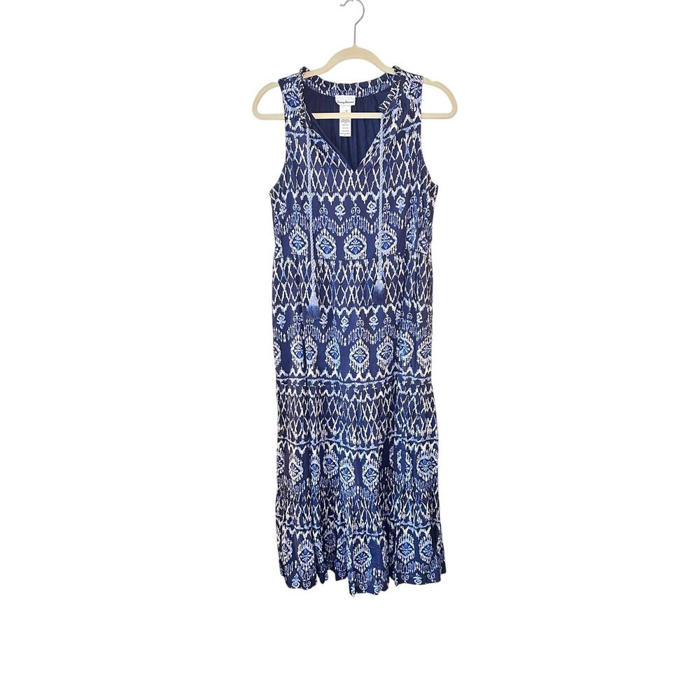 Tommy Bahama Cotton Blue Ikat Tassel Tie Sleeveless Dress Boho Coastal Ruffle S - Picture 9 of 9